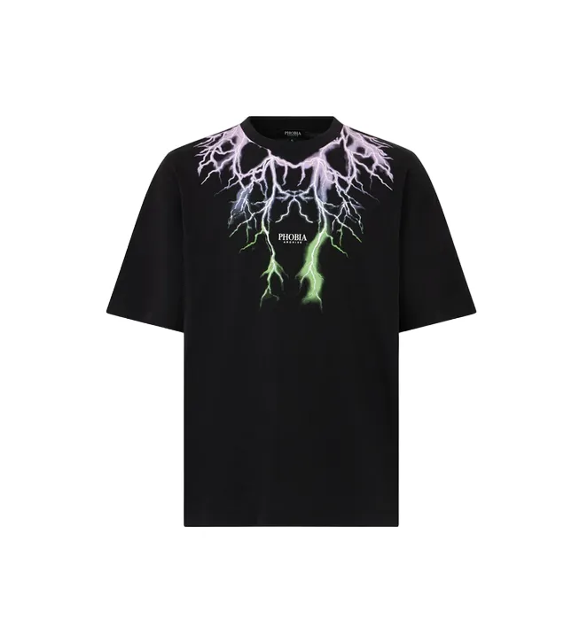 Phobia men's black short sleeve t-shirt PH00539 two-tone purple-green lightning print