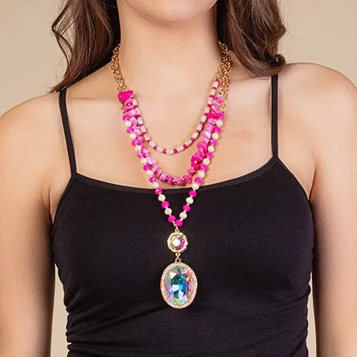 Pink Beaded 3 Layer Necklace gold tone, with BLING GEM Oval Pendant