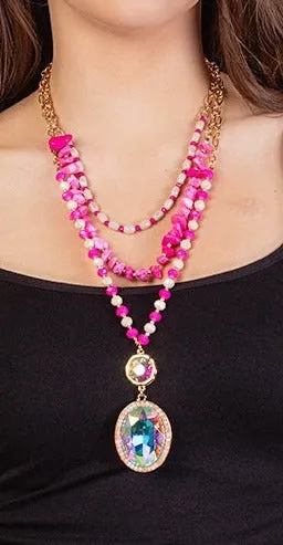 Pink Beaded 3 Layer Necklace gold tone, with BLING GEM Oval Pendant