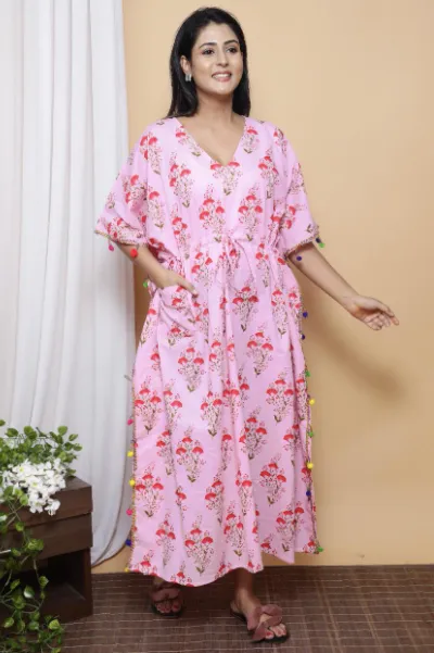 Pink Tassel  Ajrakh Block Printed Cotton Kaftan