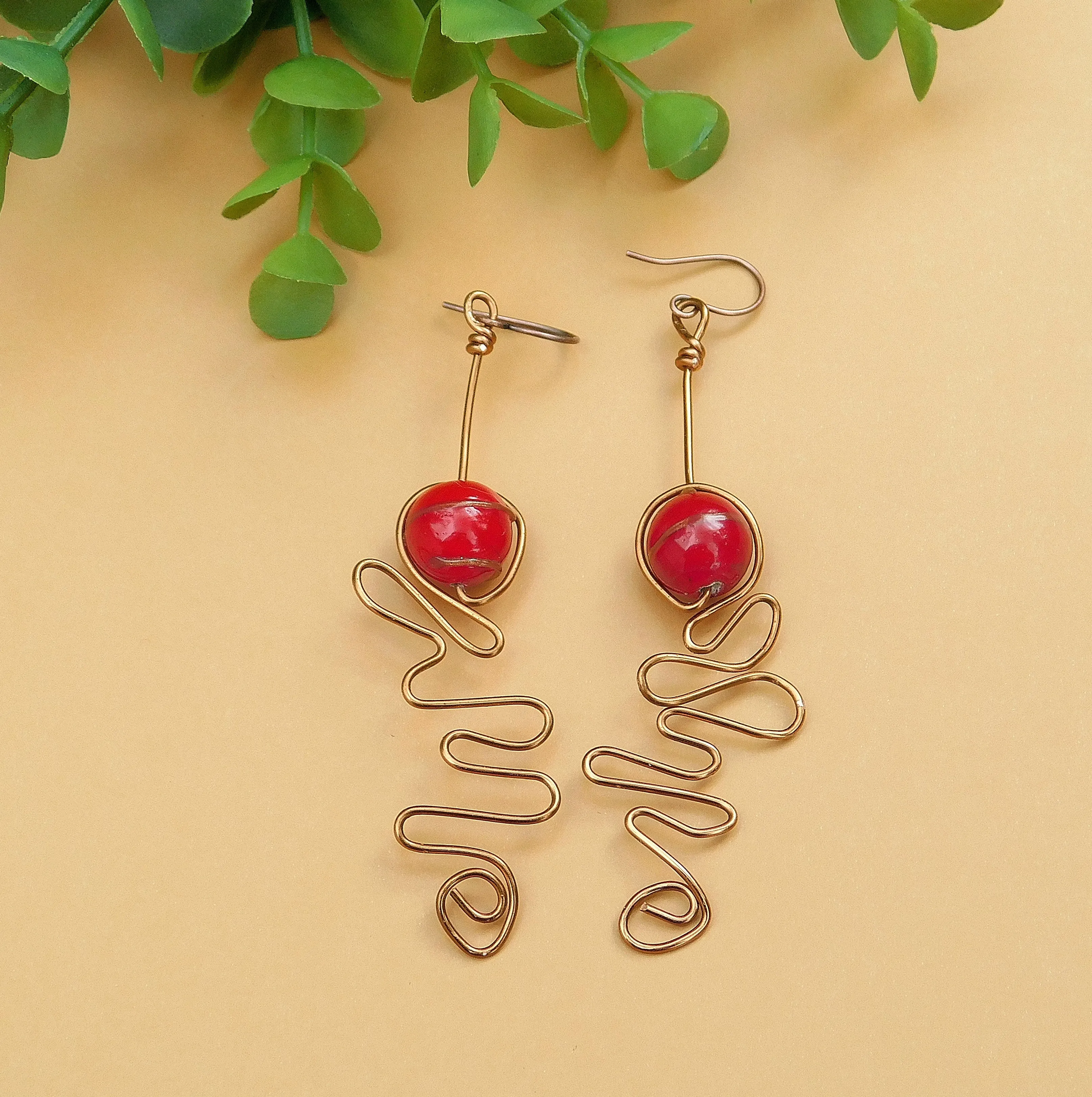 Red Lampwork Copper Swirly Earrings