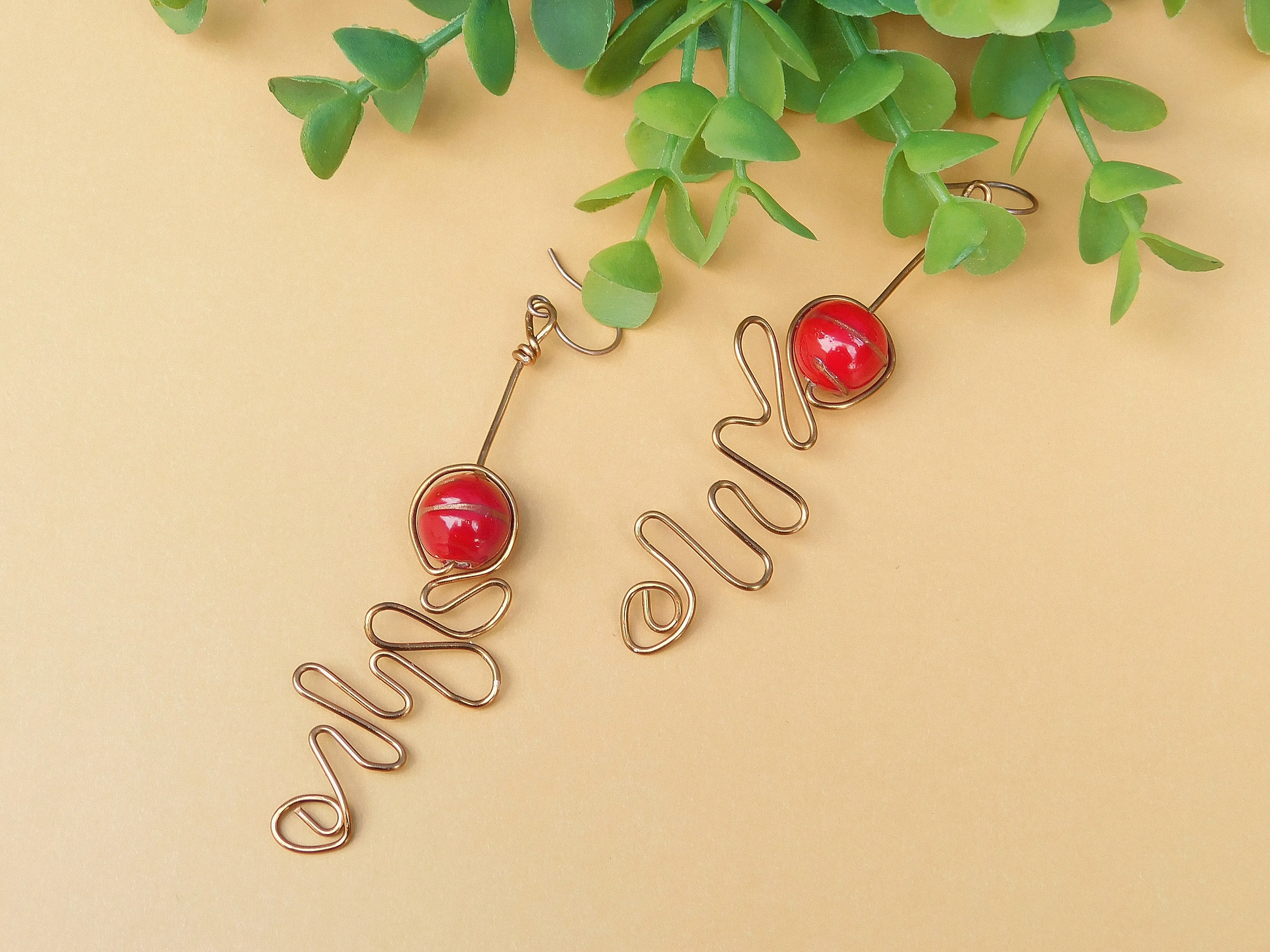 Red Lampwork Copper Swirly Earrings