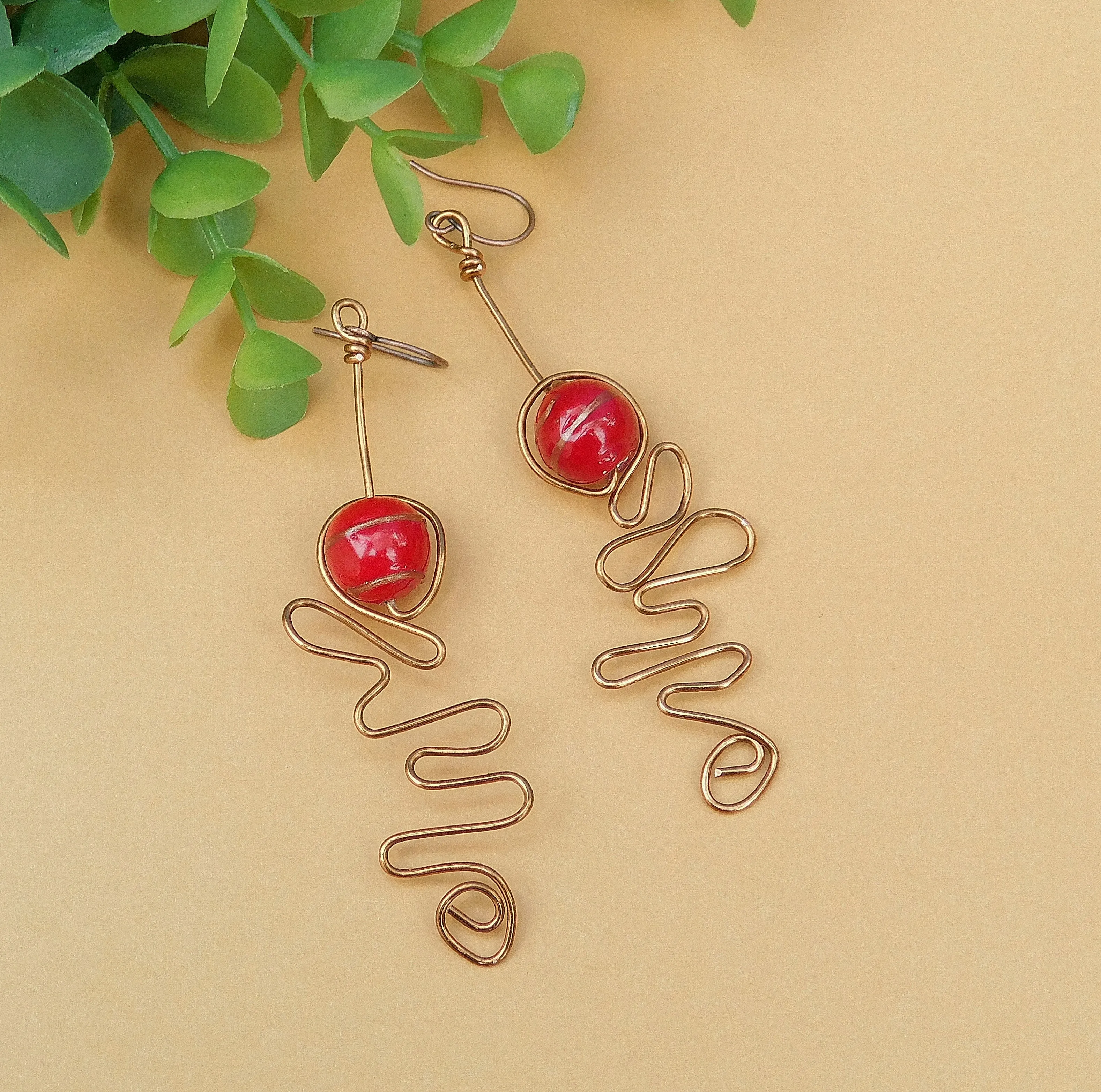 Red Lampwork Copper Swirly Earrings