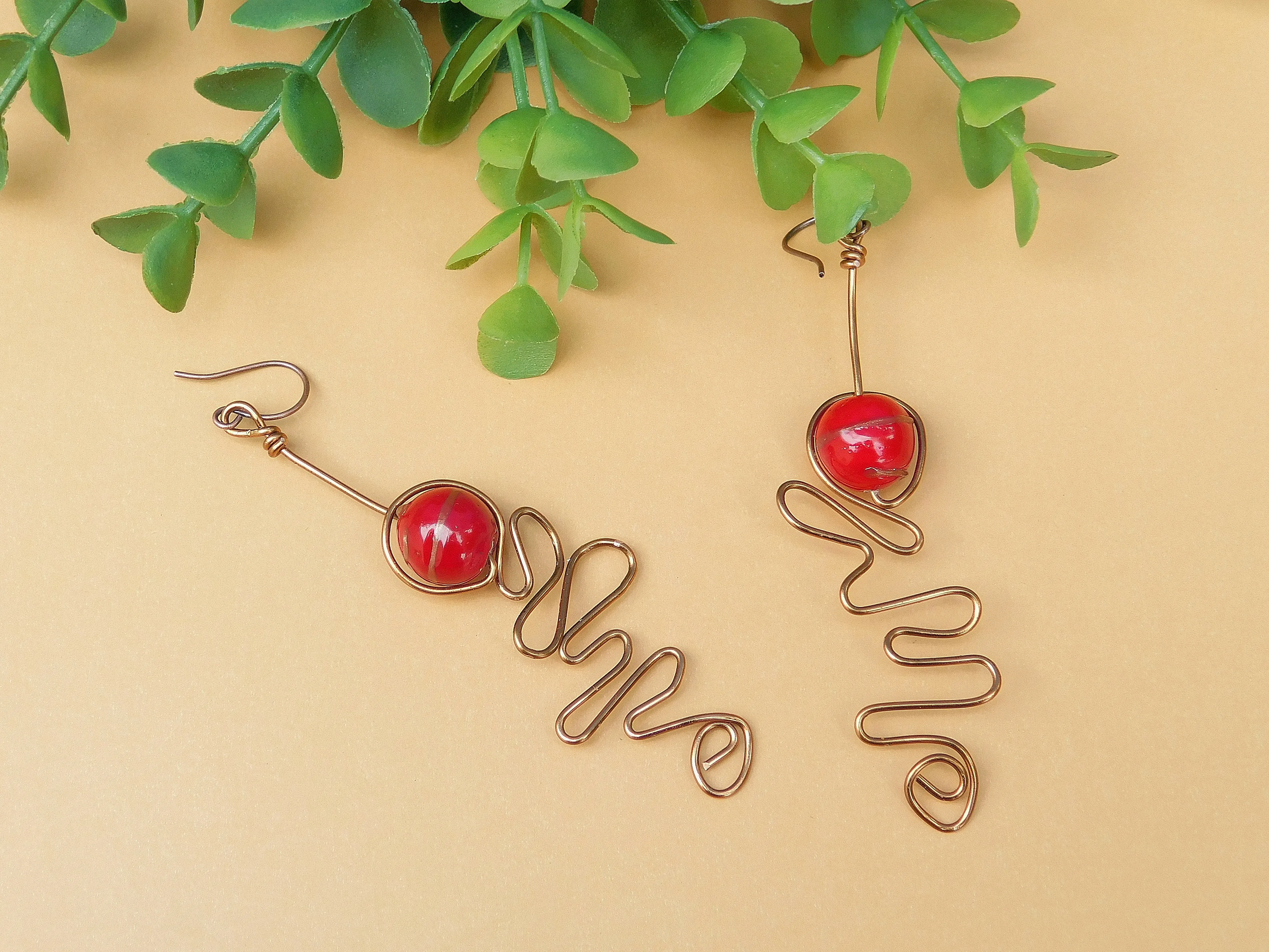 Red Lampwork Copper Swirly Earrings