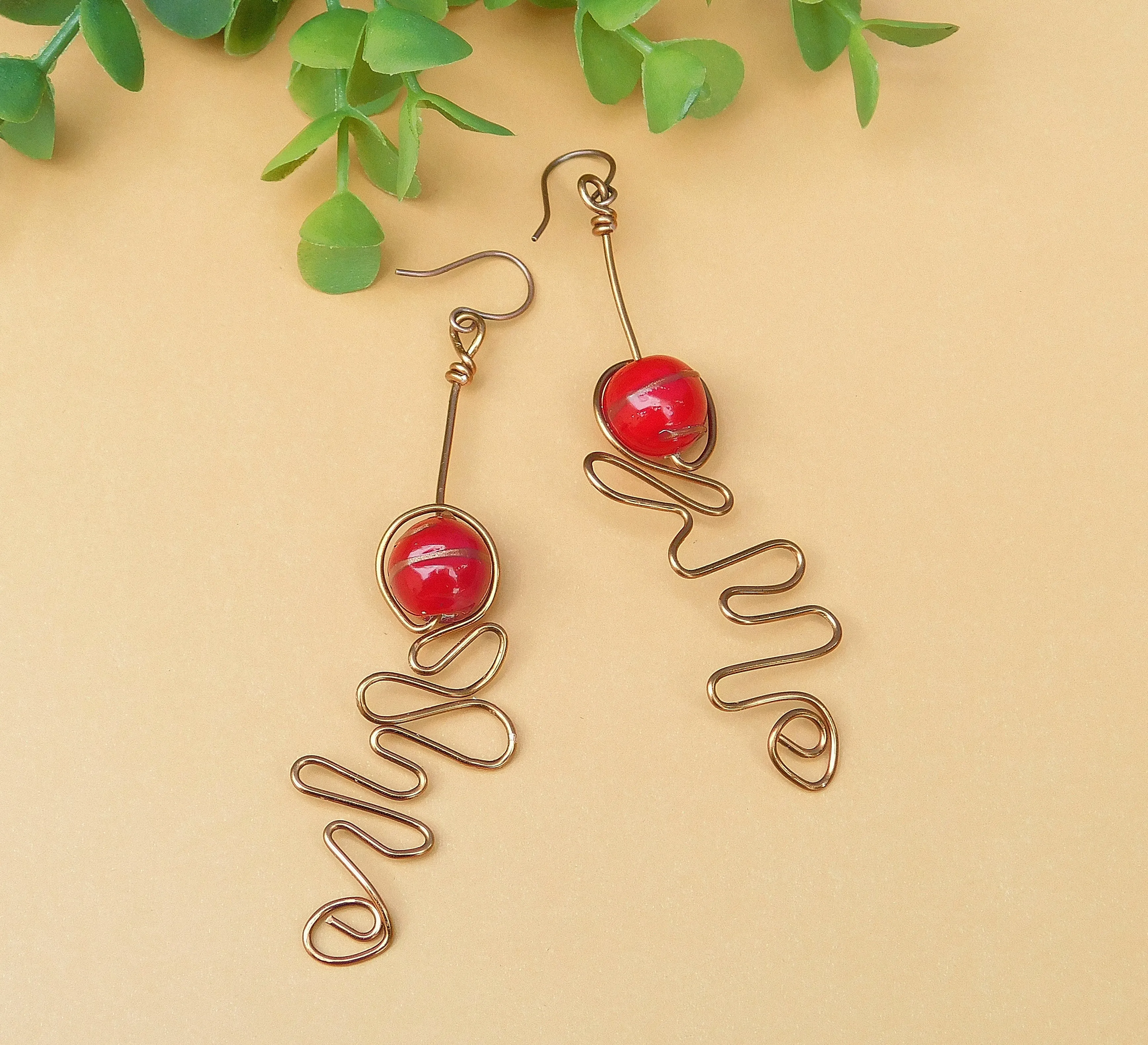 Red Lampwork Copper Swirly Earrings