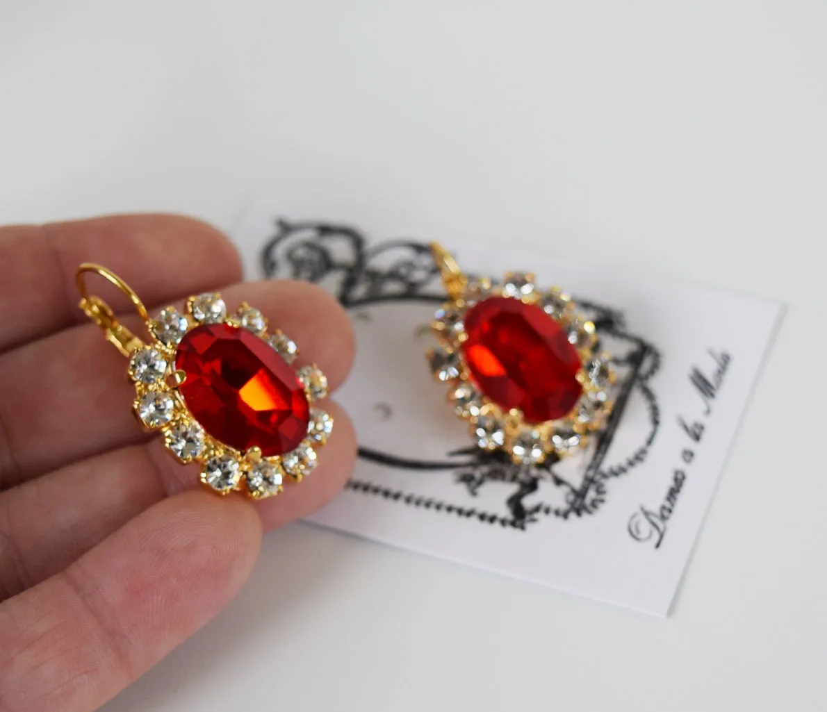 Red Swarovski and Crystal Cluster Earrings - Large Oval