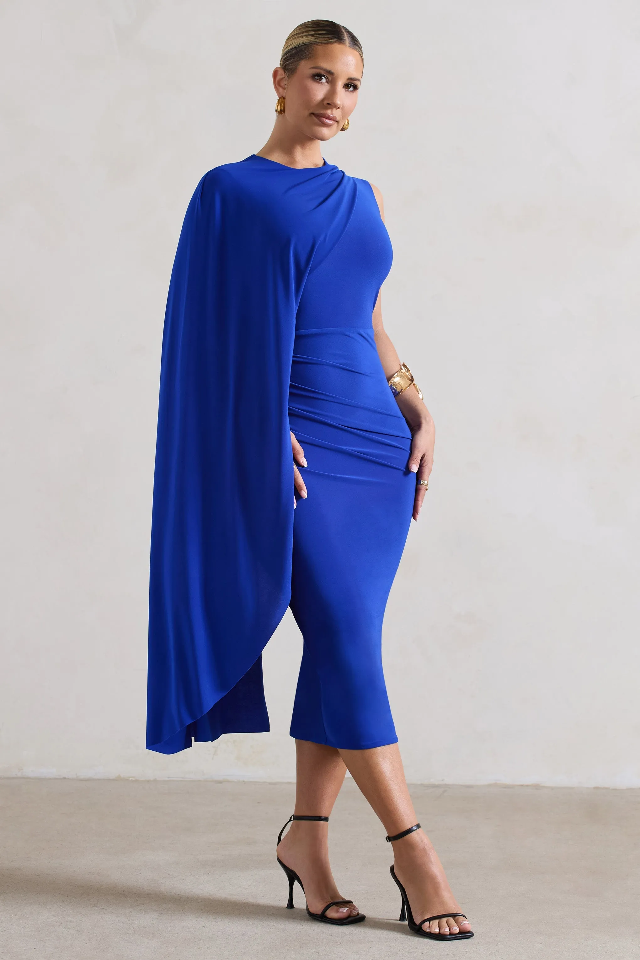 Reveal | Royal Blue One-Sleeve Cape Midi Dress