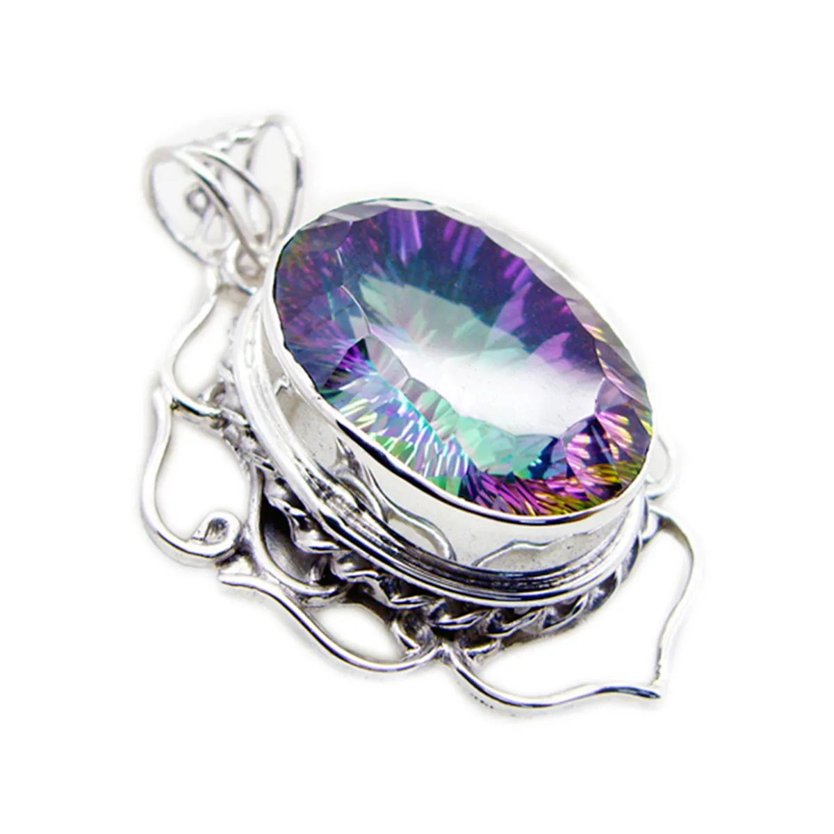 Riyo Bewitching Gems Oval Faceted Multi Color Mystic Quartz Silver Pendant Gift For Boxing Day