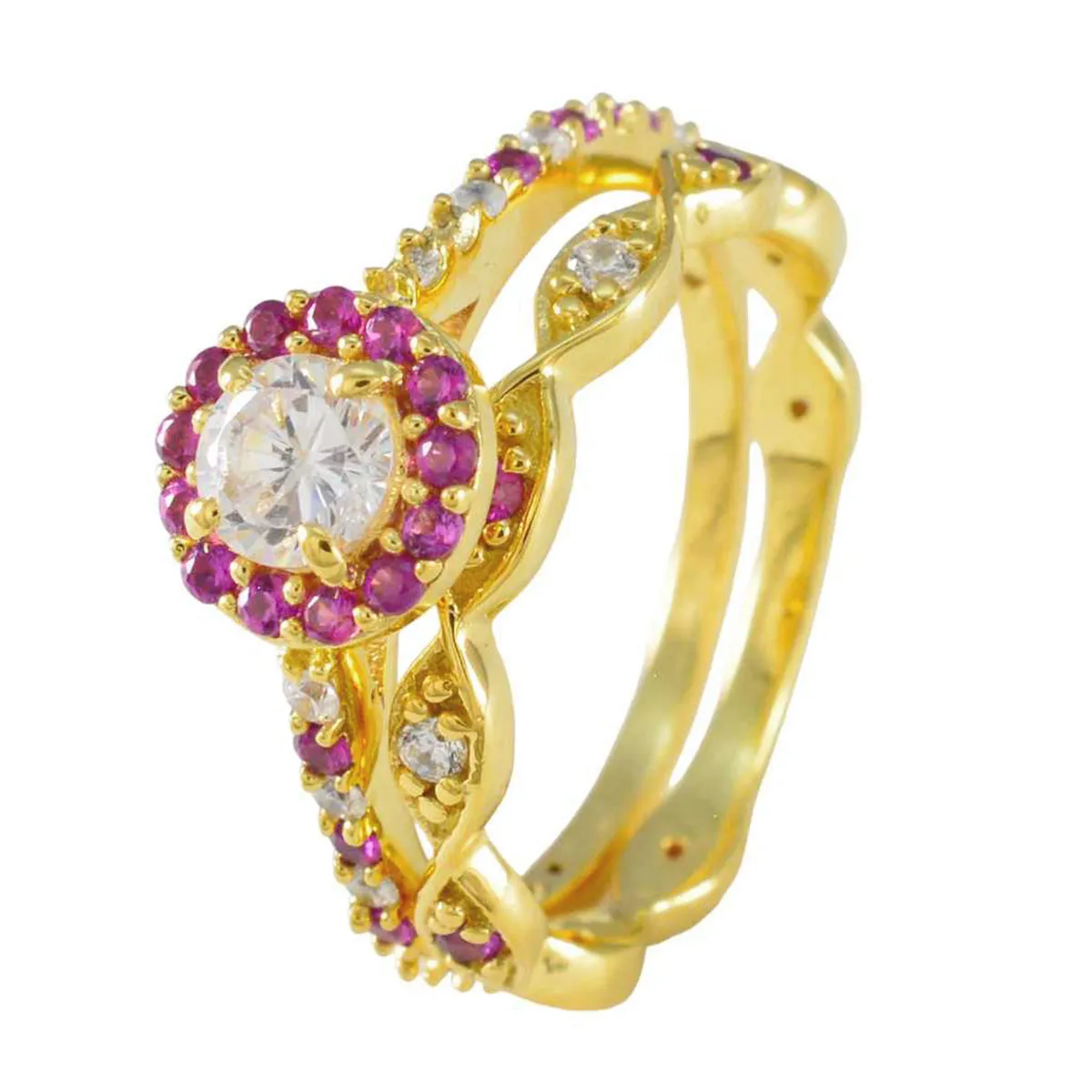 Riyo Bulk Silver Ring With Yellow Gold Plating Ruby CZ Stone Round Shape Prong Setting Ring