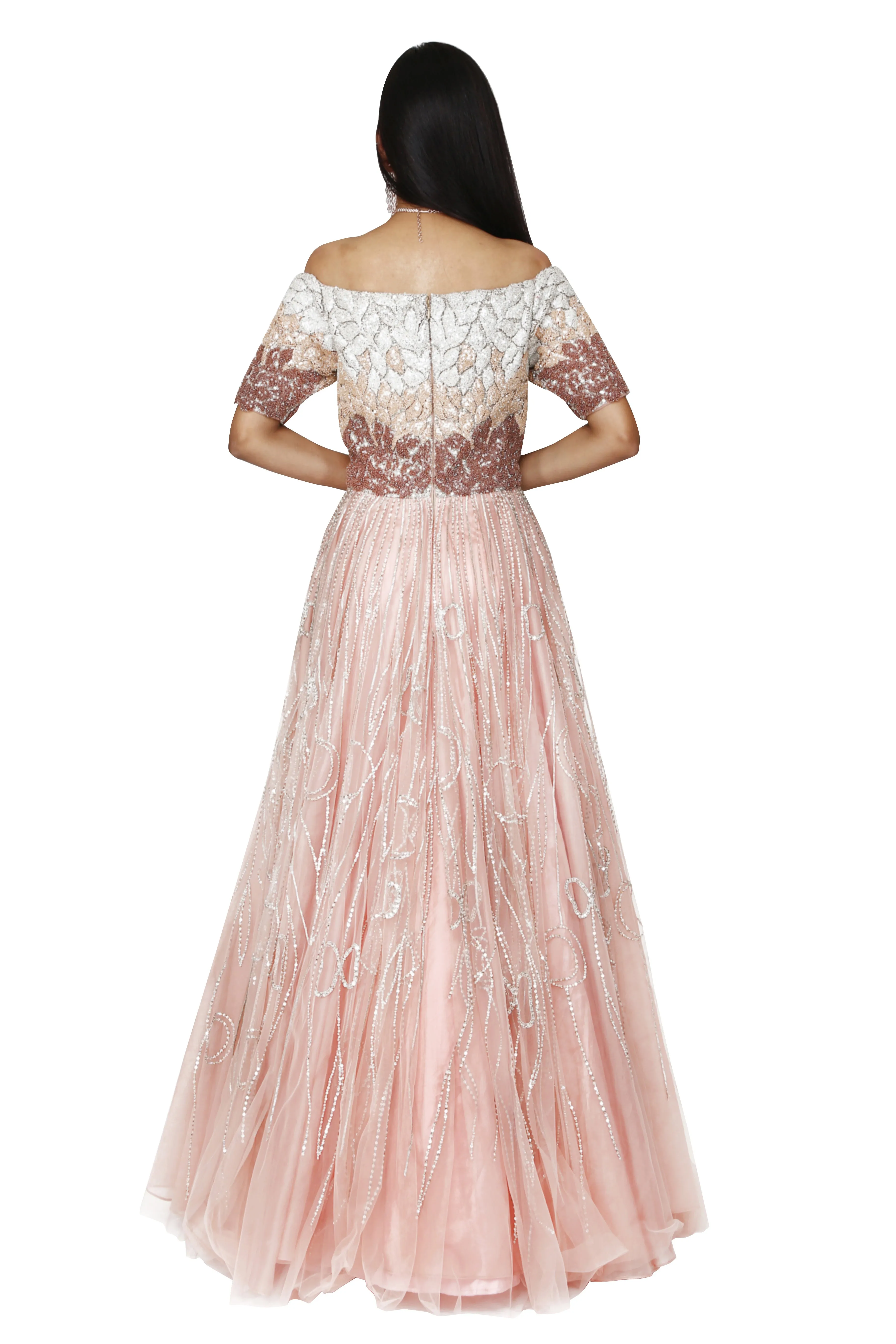 Rose pink Off shoulder gown.