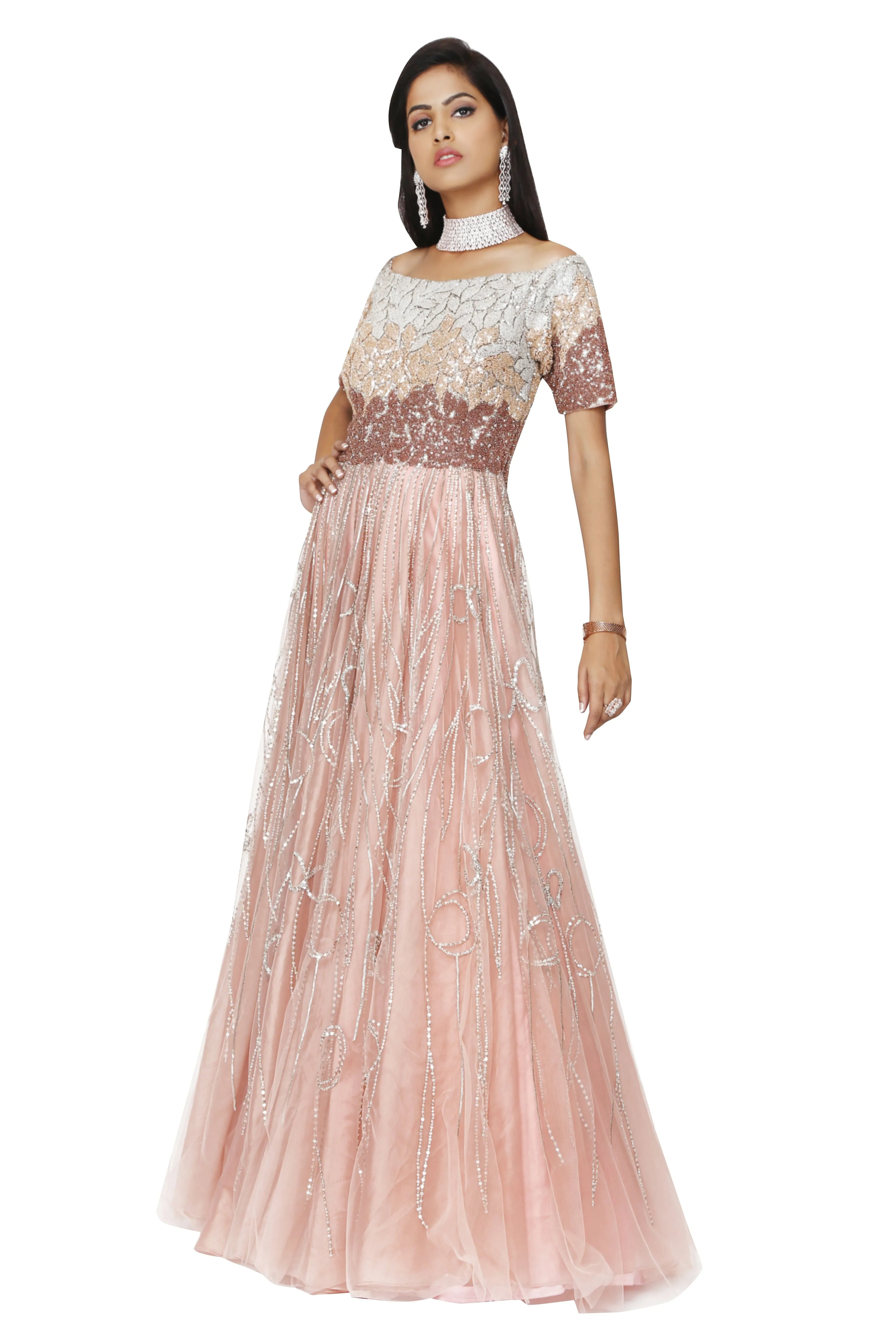 Rose pink Off shoulder gown.