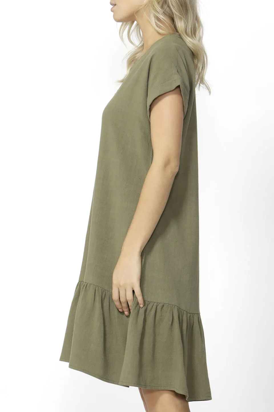 Ryland Khaki Shift Ruffle Dress