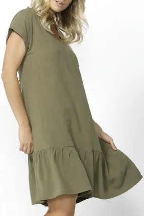 Ryland Khaki Shift Ruffle Dress