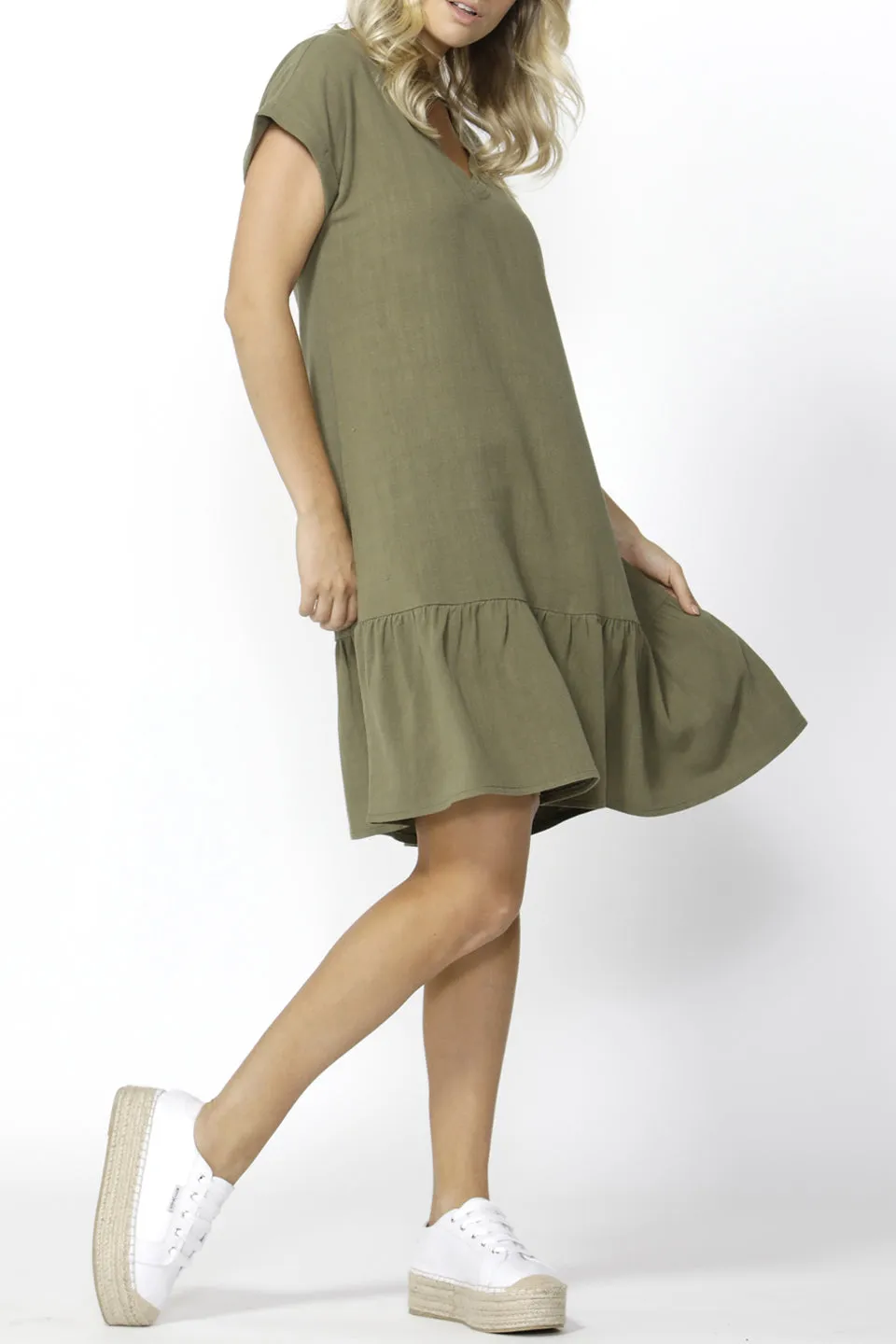 Ryland Khaki Shift Ruffle Dress