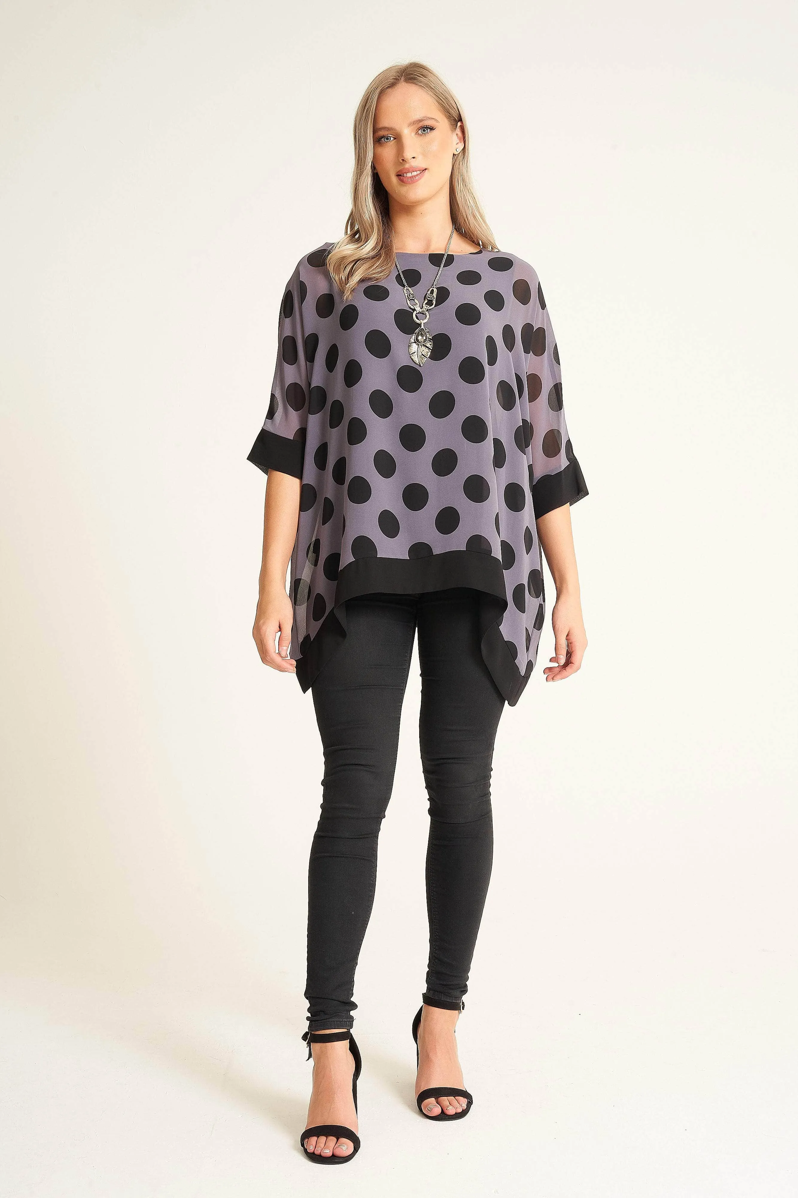 Saloos Polka Dot Print Boat Neck Top with Necklace