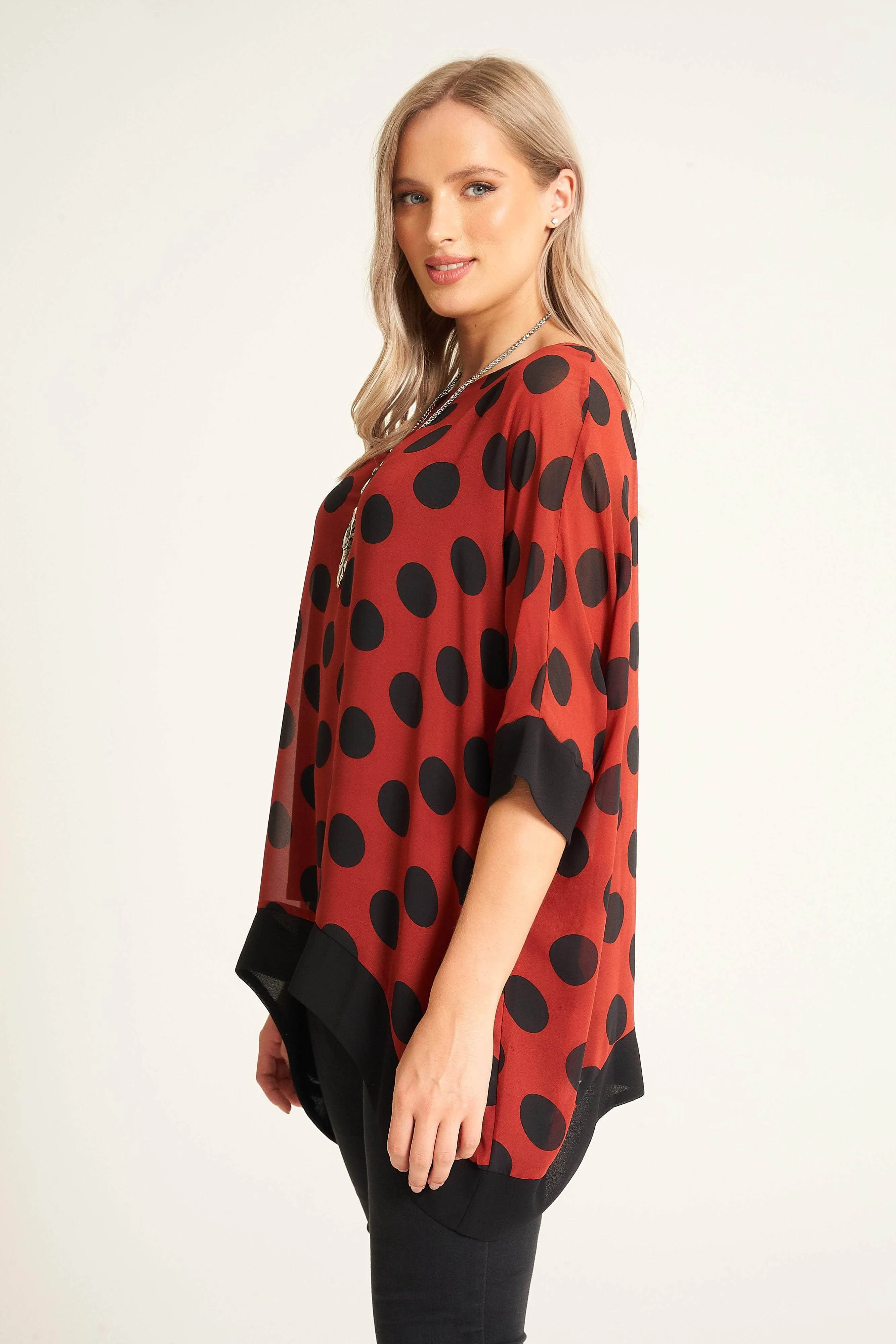 Saloos Polka Dot Print Boat Neck Top with Necklace