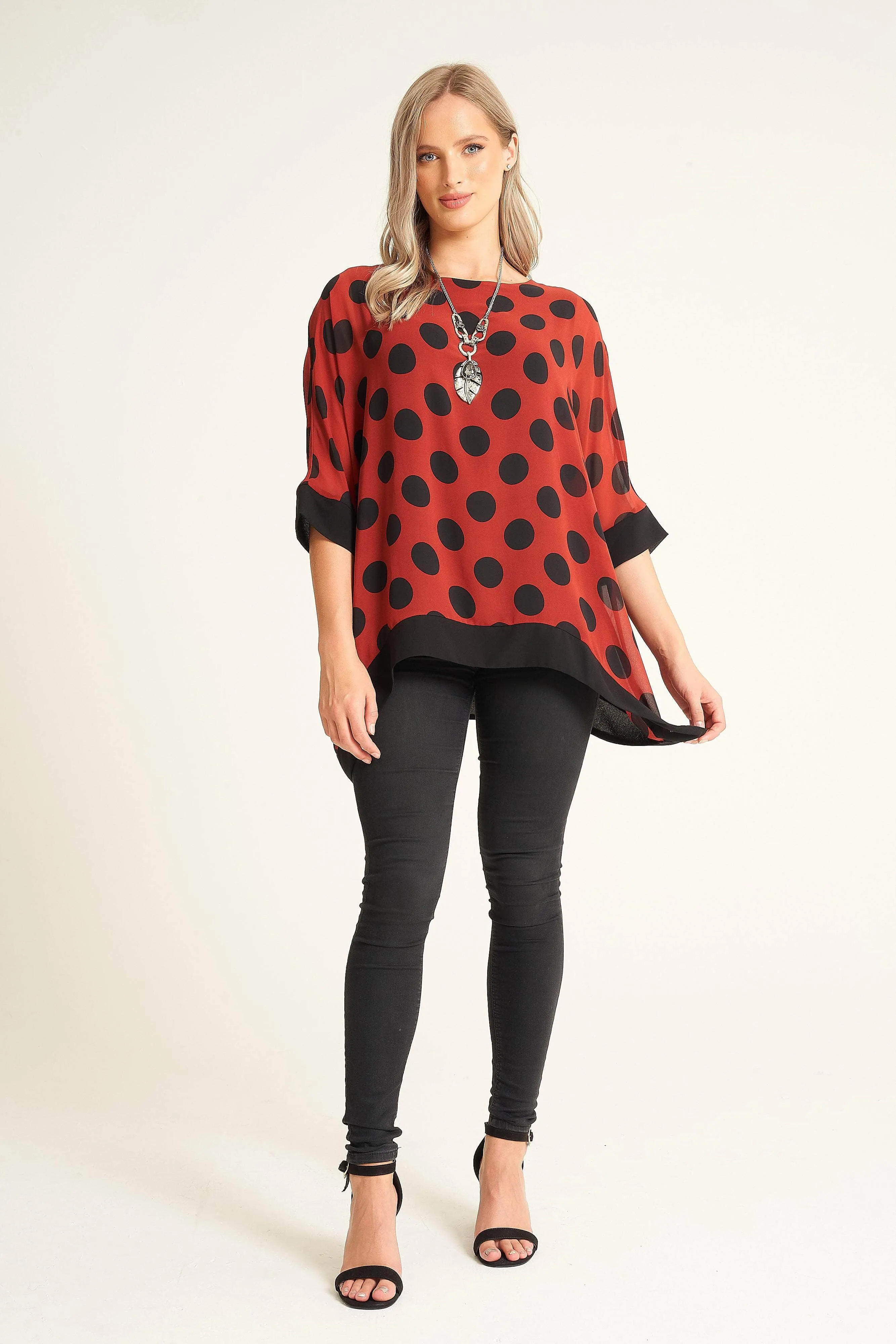 Saloos Polka Dot Print Boat Neck Top with Necklace