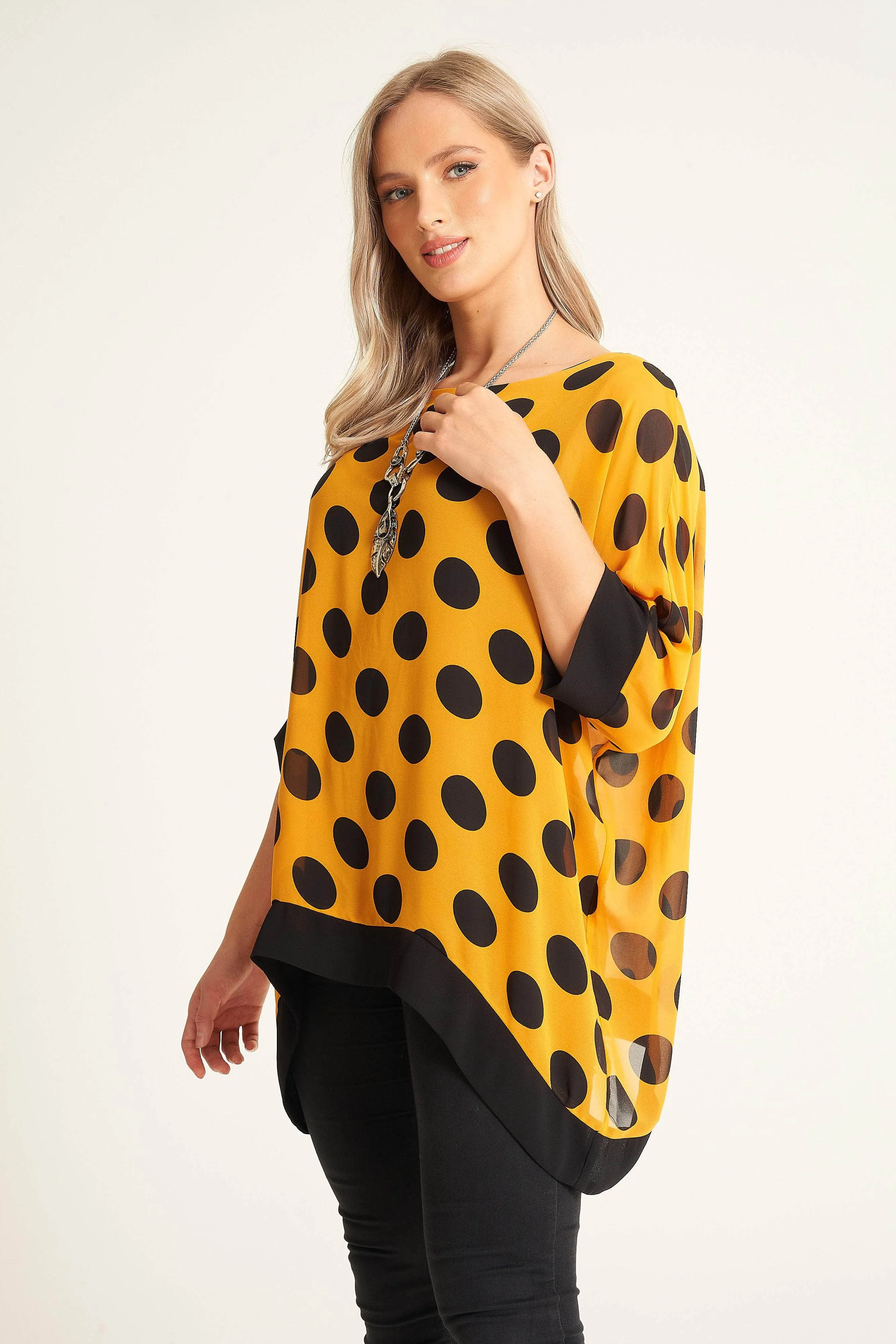 Saloos Polka Dot Print Boat Neck Top with Necklace