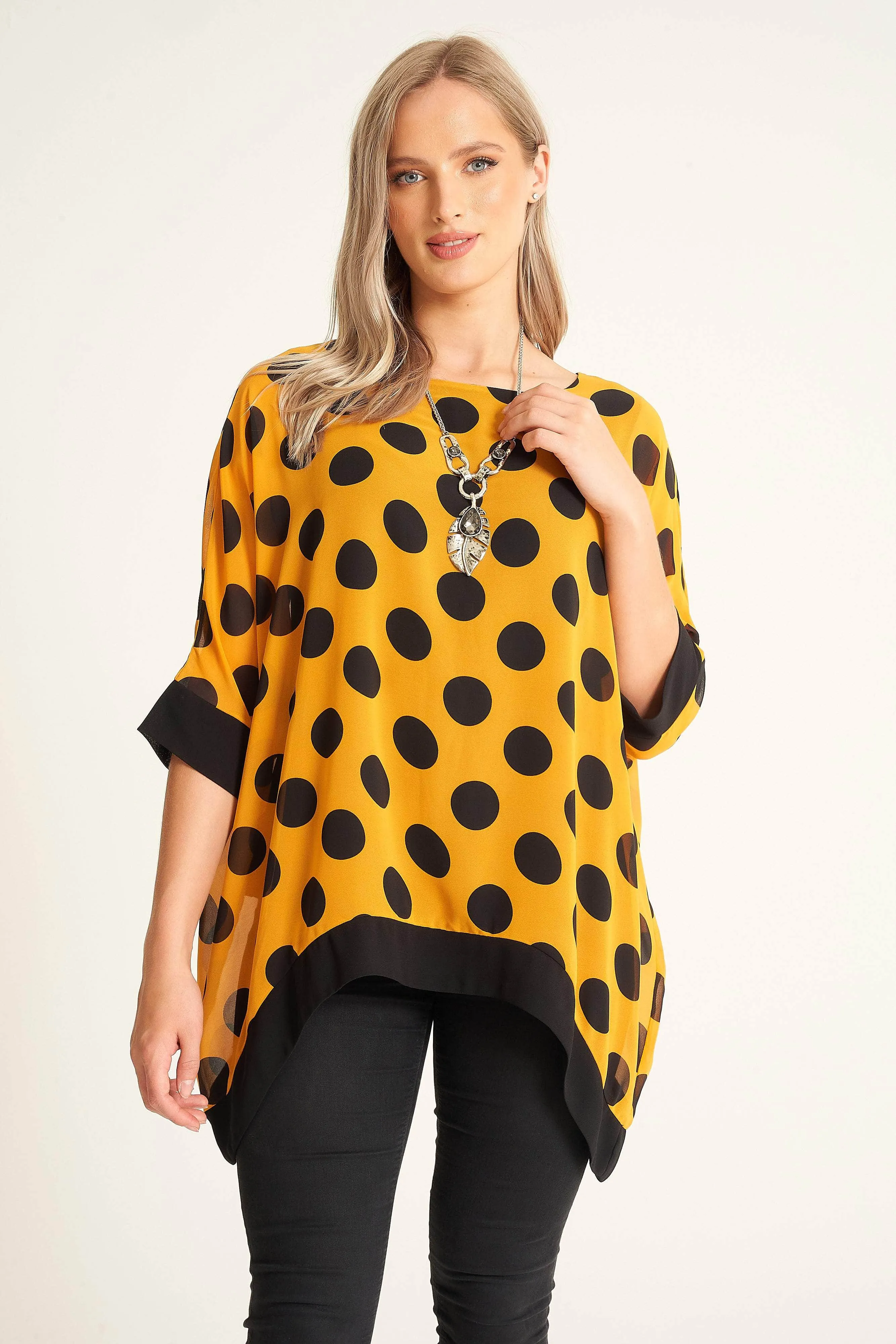 Saloos Polka Dot Print Boat Neck Top with Necklace