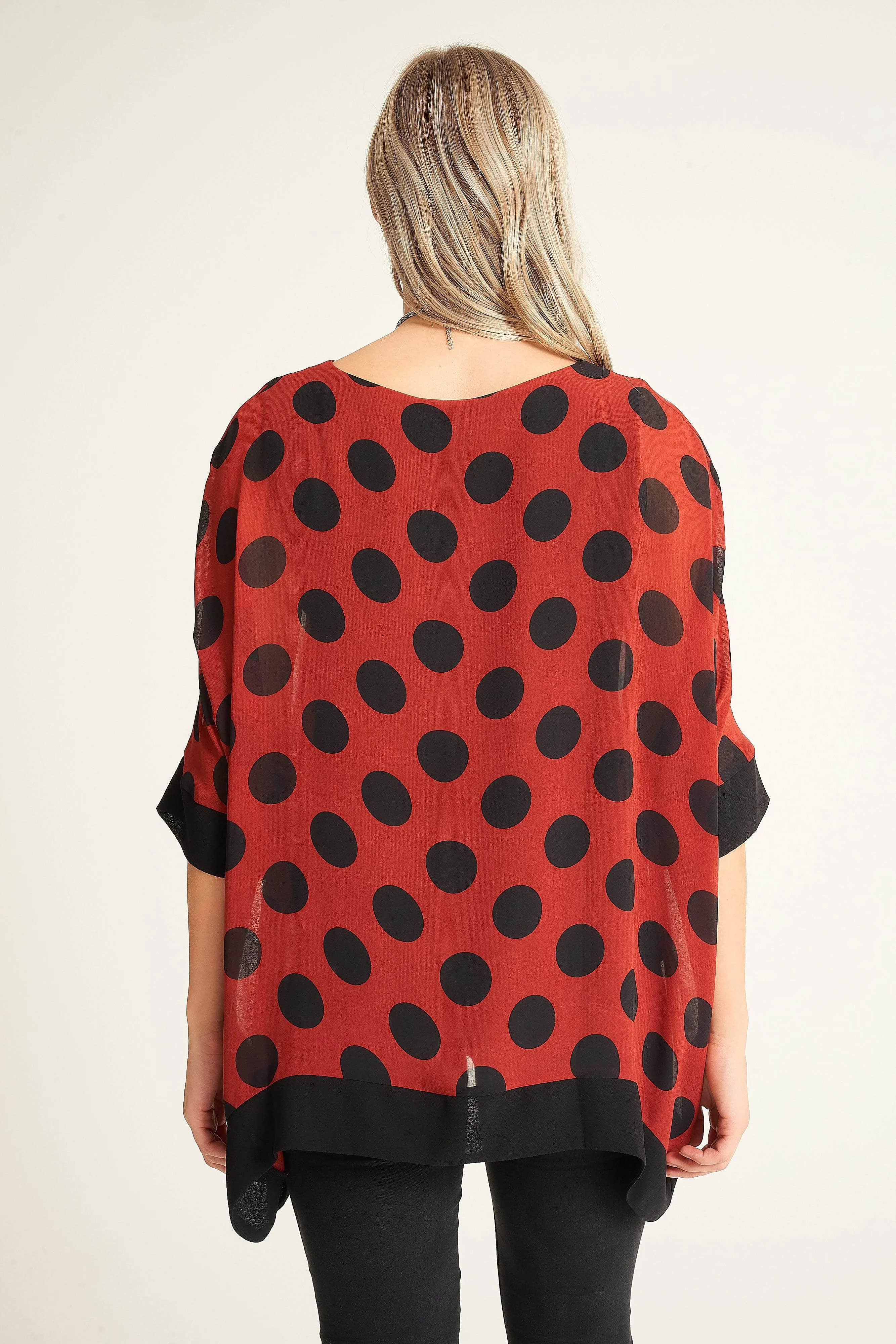 Saloos Polka Dot Print Boat Neck Top with Necklace