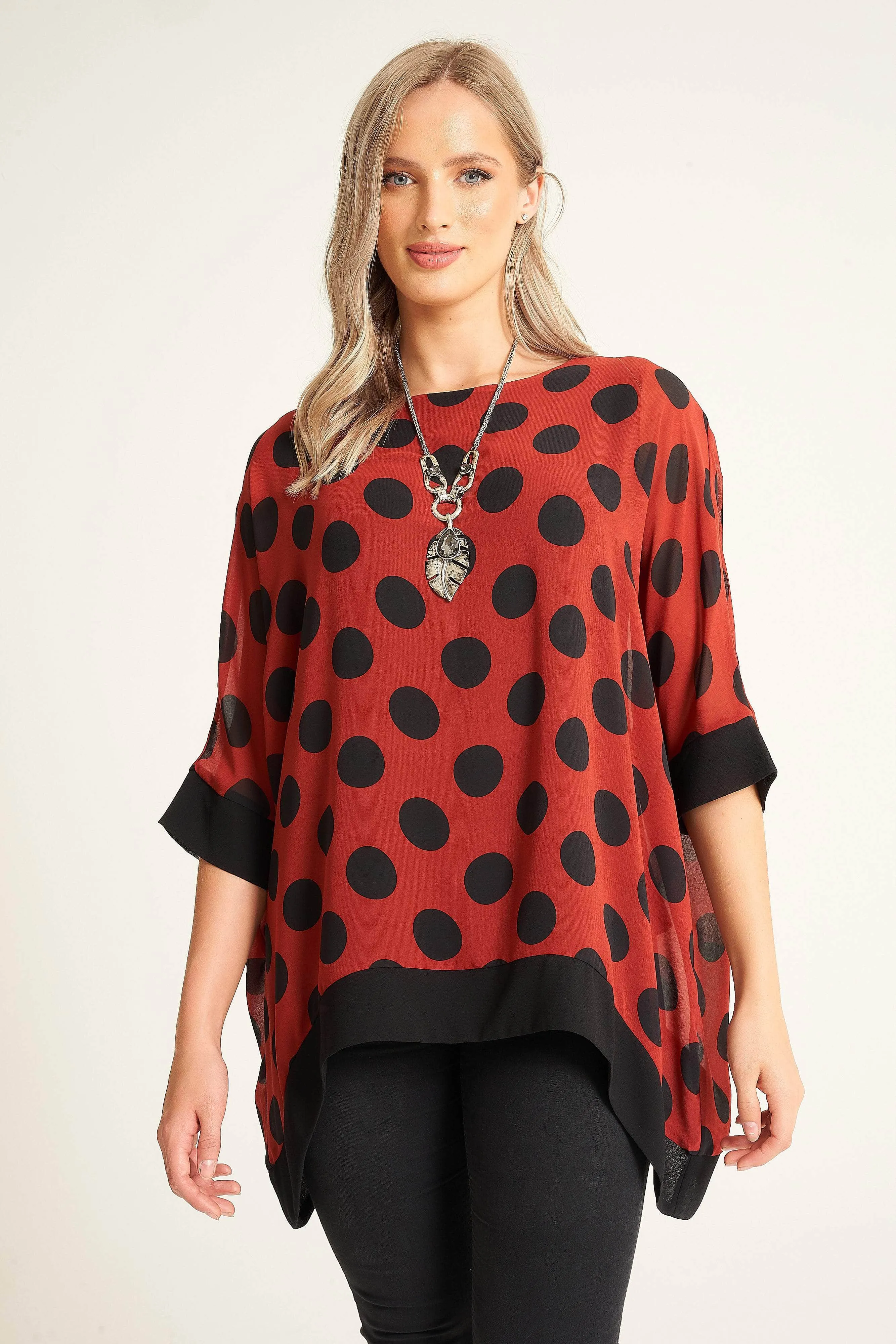 Saloos Polka Dot Print Boat Neck Top with Necklace