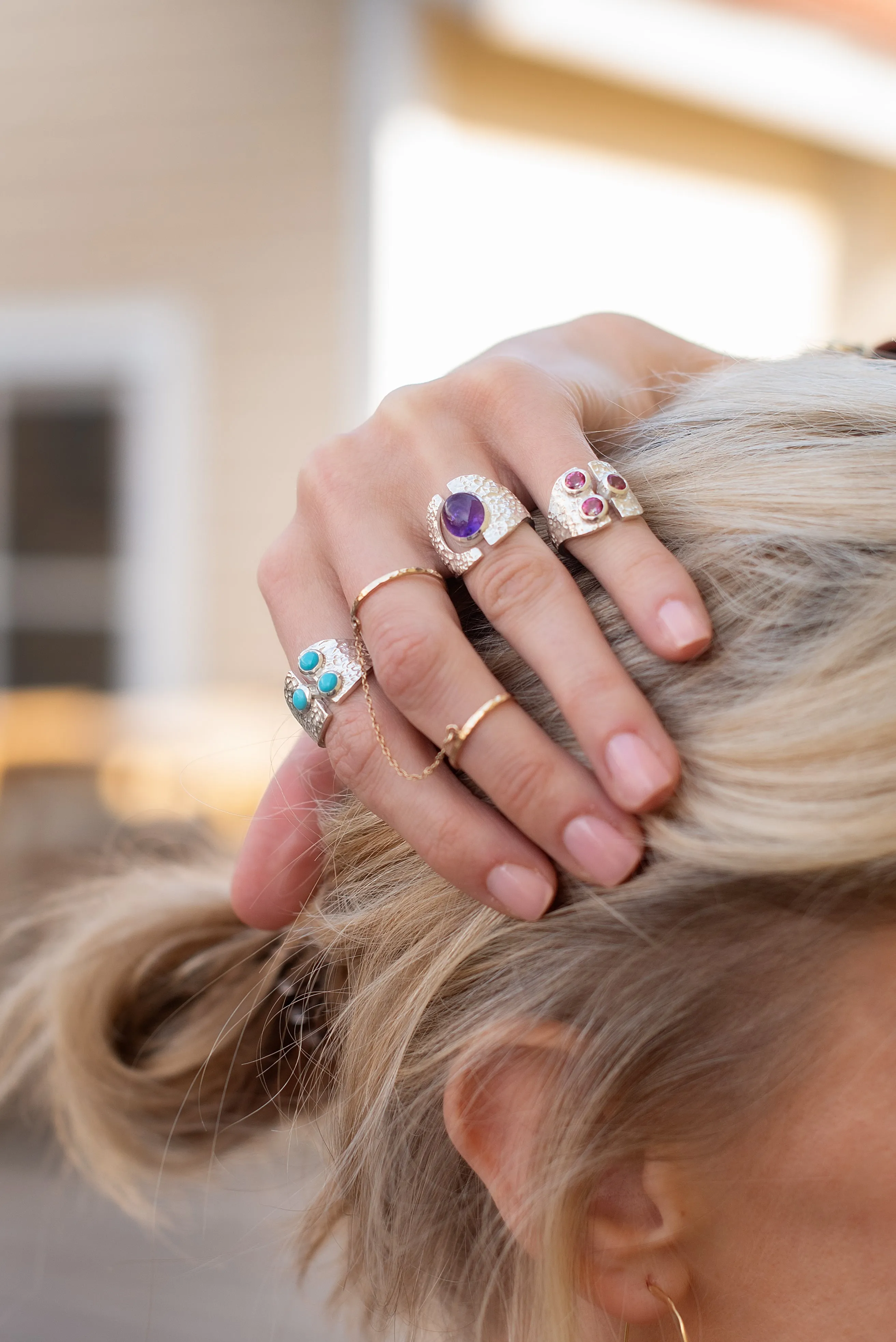 sterling open oval amethyst cabochon ring