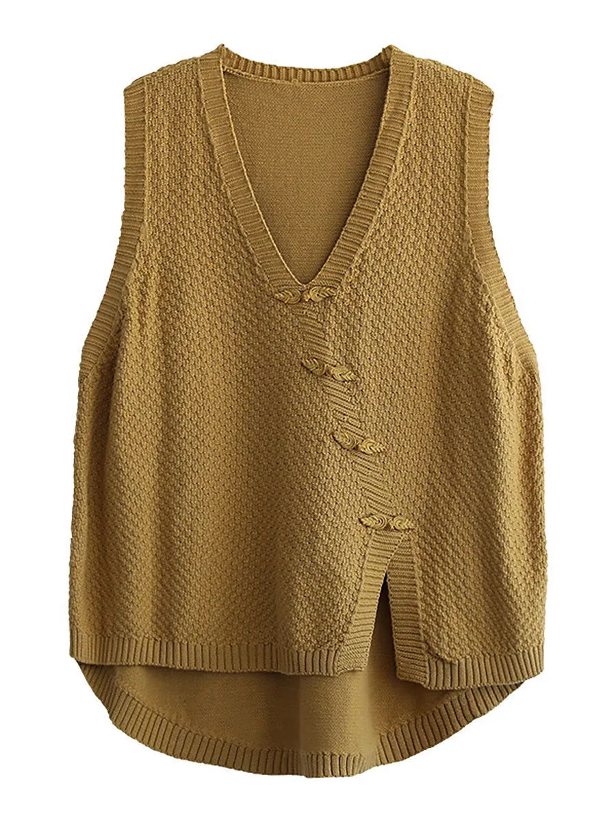 Women Button Knitted Split Sleeveless Vest Waistcoat Sweater