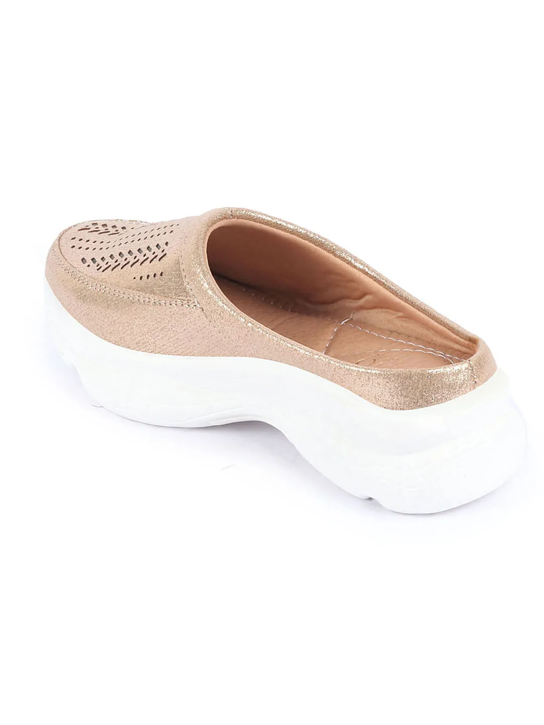 Women Golden Laser Cut Design Stitched Back Open Slip On Mules Shoes