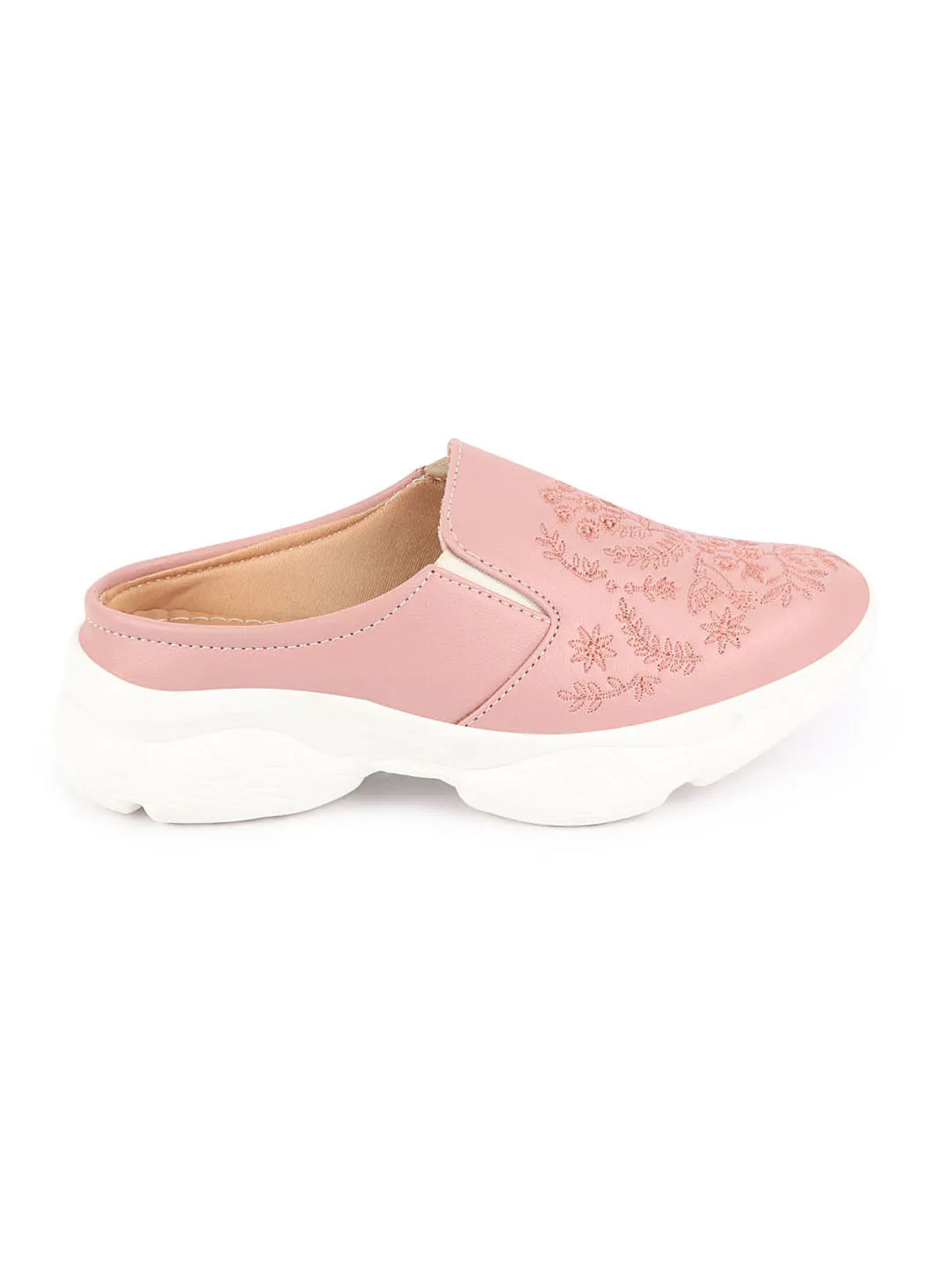 Women Pink Floral Print Embroidery Design Back Open Slip On Mules Shoes