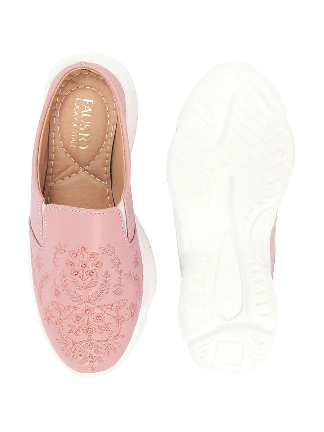 Women Pink Floral Print Embroidery Design Back Open Slip On Mules Shoes