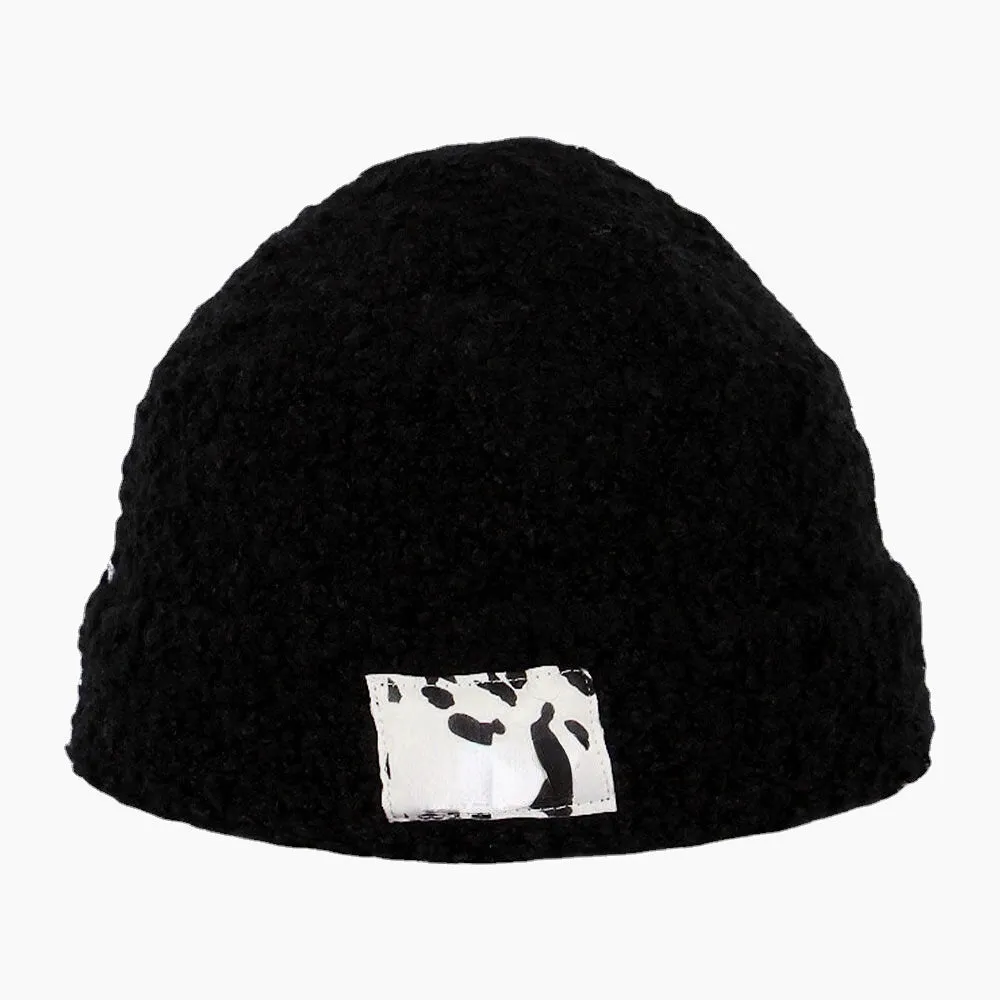 Women Teddy Velvet Solid Color Cow Pattern Letter Cloth Label Warmth Beanie Hat