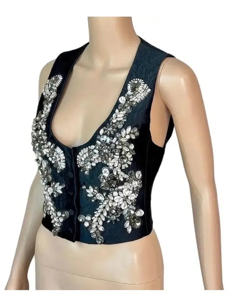 Women’s Crystal Embellished Button-Up Black Vest Crop Top