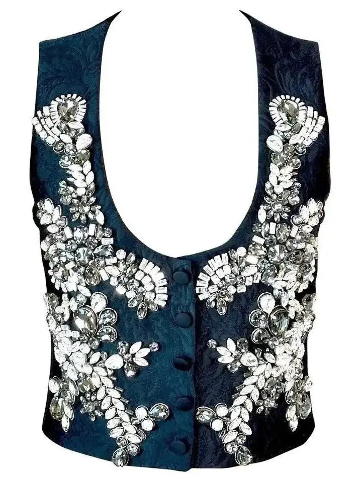 Women’s Crystal Embellished Button-Up Black Vest Crop Top