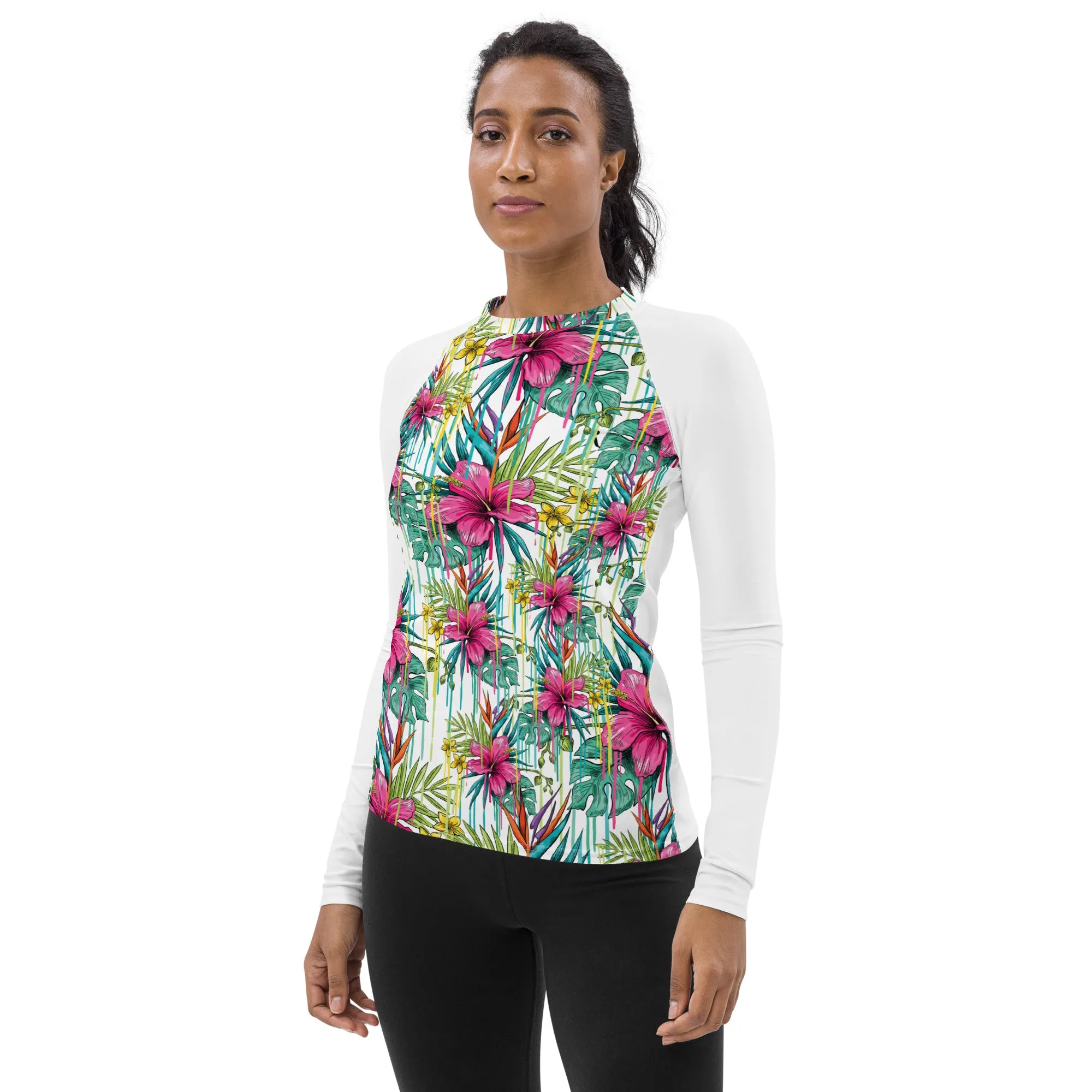 Women's Pink Floral and White Rash Guard