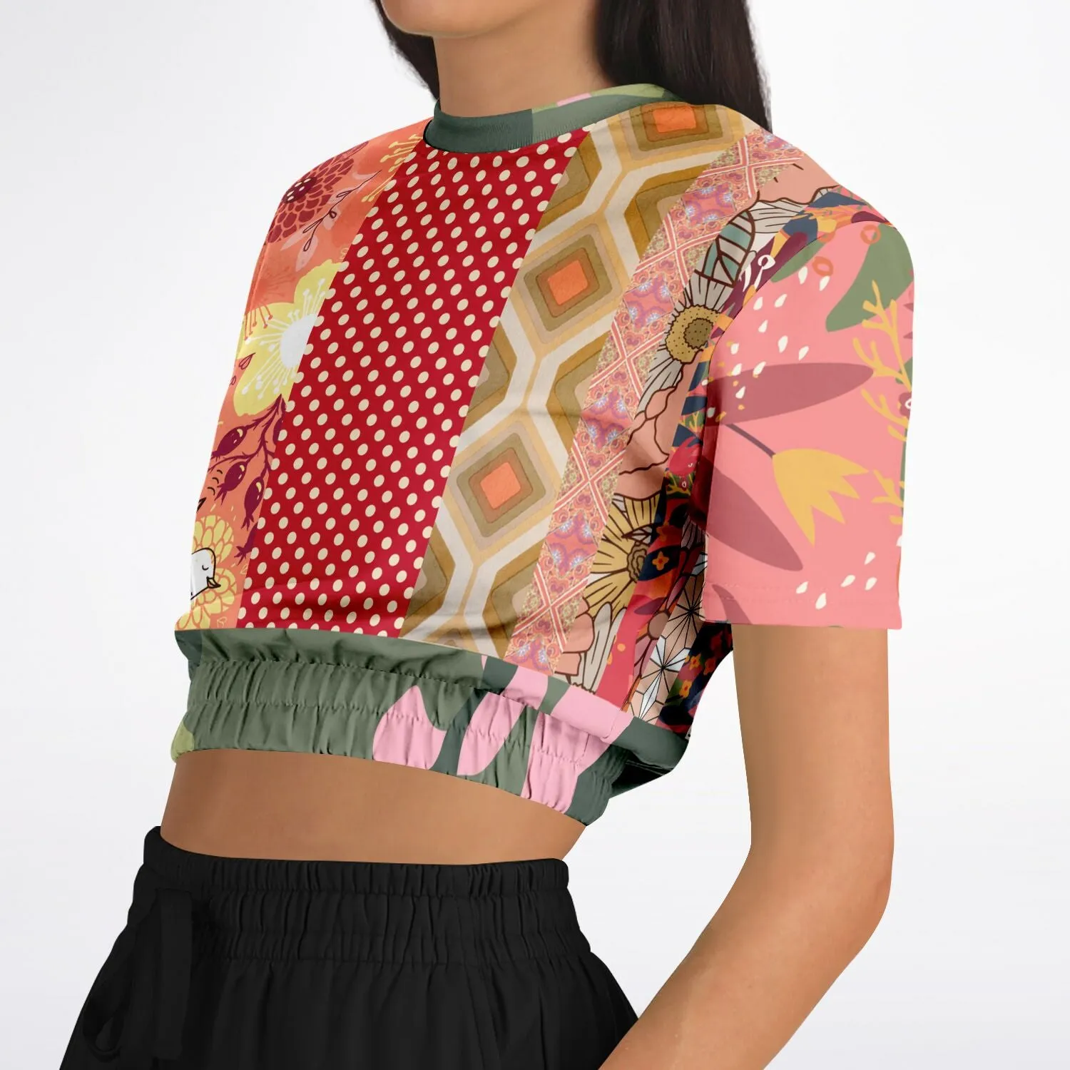 Yogananda Pink Floral Patchwork Short Sleeve Cropped Eco-Poly Sweater