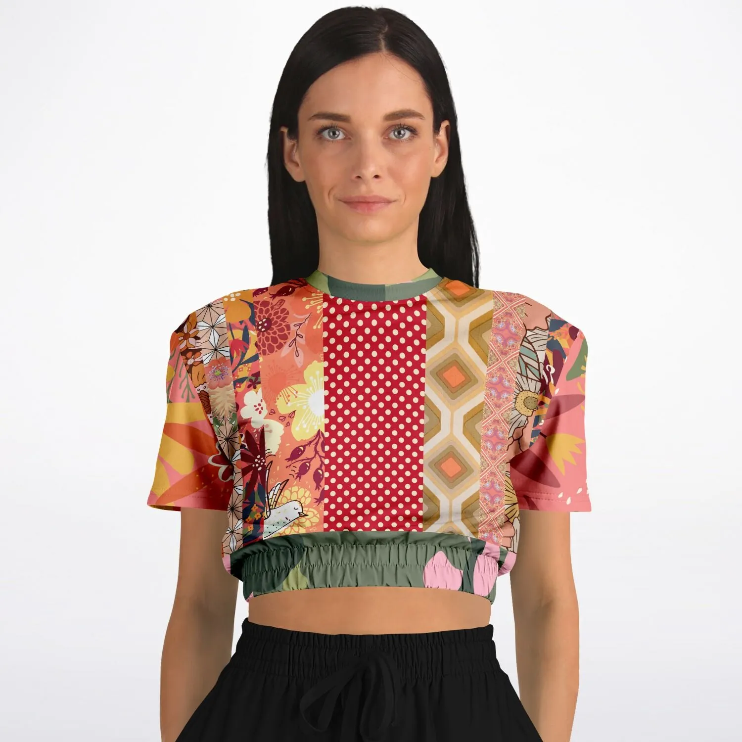 Yogananda Pink Floral Patchwork Short Sleeve Cropped Eco-Poly Sweater